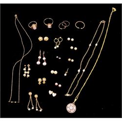 Collection of 9ct gold pearl and shell cameo jewellery including earrings, rings and necklaces