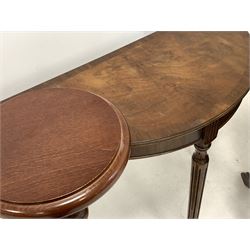 Georgian style mahogany double drop leaf sofa table fitted with two drawers, (W85cm) together with two similar demi lune side tables raised on turned tapering fluted supports (W71cm) and a stained beech torchere (H92cm) 