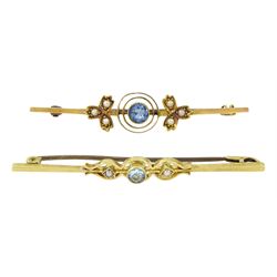 Two early 20th century 15ct gold aquamarine and seed pearl bar brooches