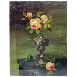 F Trolley (British Early 20th century): Still Life of Roses in Ornate Vase, pair oils on canvas signed and dated 1912, 33cm x 26cm (2) (unframed)