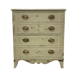 19th century painted mahogany chest commode, the faux drawer front hinged, raised on splayed feet with shaped apron, in laurel green finish