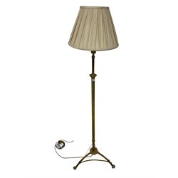 Late 19th century brass standard lamp, central cylindrical column with tripod base terminating in hairy paw feet