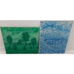 Modern oil on canvas of a blue landscape, signed with a monogram, 60cm x 50cm and another of a green landscape, both unframed
