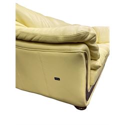 Atelier Nieri - Italian contemporary modular seven seat 'Corniche' corner sofa, upholstered in yellow leather with a polished burr wood trim, raised on compressed bun feet