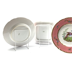 Spode Copelands China part dessert service hand-painted with exotic birds within pink and gilt borders, comprising two plates D23.5cm and square serving dish no. R3952 (3)