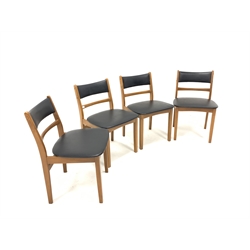 Set four mid 20th century beech dining chairs with black vinyl upholstered back and seats