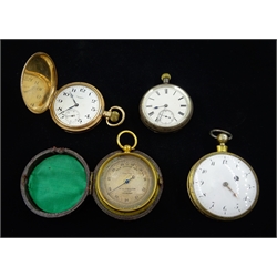 19th century silver-gilt consular cased French verge fusee pocket watch, front wound, white enamel dial with Arabic numerals, gold-plated Waltham full hunter pocket watch by Waltham, silver cased lever pocket watch by William McGregor Edinburgh and a pocket barometer by Peter Stevenson, Edinburgh (4)
