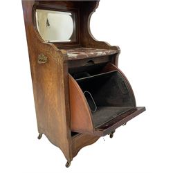 Late Victorian rosewood coal purdonium, the shaped moulded top with gilt metal gallery, bevelled mirror back over rouge and white variegated marble top, the palled fall front with satinwood and simulated ivory scrolling foliate inlay, on ceramic castors