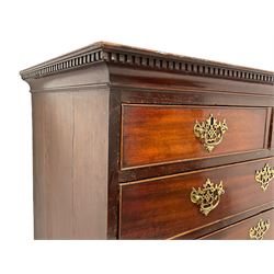 George III mahogany straight-front secretaire chest, dentilled cornice over two short and five long drawers with pierced brass handle plates and escutcheons, the third fall-front drawer enclosing fitted interior with pigeonholes and drawers, raised on pierced bracket feet