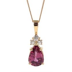 18ct rose gold pear shaped pink sapphire and round brilliant cut diamond pendant necklace, hallmarked, sapphire approx 4.40 carat
