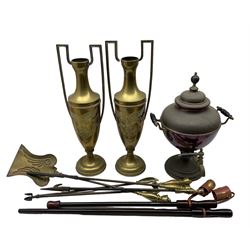 Pair of large brass twin handled vases with Phoenix decoration, H57cm, copper tea urn, fire irons etc 