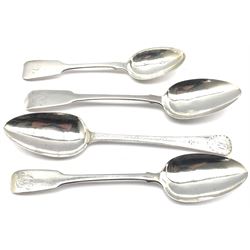 Pair of George IV silver fiddle pattern table spoons London 1820, Maker possibly James Dicks, another London 1808 with engraved decoration by Godbehere, Wigan & Boult and a Victorian silver dessert spoon 7.3oz