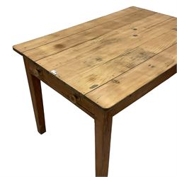 Stripped pine kitchen table, rectangular plank top, fitted with faux drawer, raised on square tapering supports