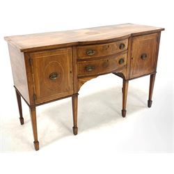 Georgian mahogany break bow front sideboard, cross banded top over two cupboards and two drawers to centre, raised on square tapered supports with peg feet W129cm, H80cm, D52cm