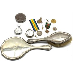 WW1 Victory medal, War medal and 1914-15 Star to Pte J Wilson, E Yorks Regt, Waltham pocket watch in silver case, two other pocket watches, silver backed brush and mirror etc
