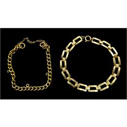 Gold curb link chain bracelet and a rose gold rectangular link bracelet, both 9ct