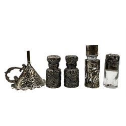 Pair of miniature silver scent flasks, one damaged, two glass and silver flasks and a silver perfume funnel (5)