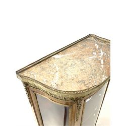 20th century French bow front vitrine, pierced brass gallery over and marble top single glazed door enclosing two shelves, gilt metal mounts, raised on shaped supports with sabot feet W57cm, H140cm, D33cm