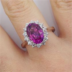 18ct white gold oval pink sapphire and diamond cluster ring, pink sapphire approx 3.30 carat, total diamond weight approx 0.50 carat