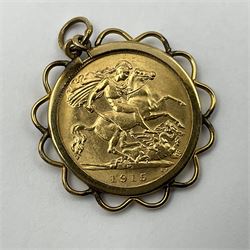King George V 1915 gold half sovereign coin, Melbourne mint, in 9ct gold loose mount