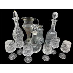Waterford 'Colleen' pattern cut glass decanter with associated stopper; Holmegaard style Kluk decanter; set of four Tyrone 'Slieve Donard' pattern cut glass goblets with two smaller; with three other glass decanters