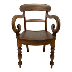 Victorian mahogany elbow chair, shaped bar back over scrolling arms, dished seat, on turned front supports