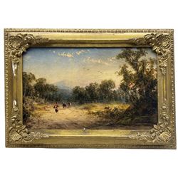 English School (Mid-19th century): Continental Landscape with Figure and Donkeys with Mountain Behind, oil on board unsigned 15cm x 25cm