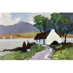 Robert Dunleavey (Irish 1970-): Cottage by Lake with Female Figures, oil on board signed 28cm x 43cm