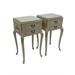 Pair of French style cream painted bedside chests, fitted with two drawers, raised on slender supports with gilt detail W37cm H69cm