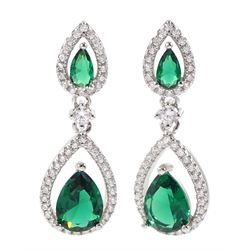 Silver green stone and cubic zirconia cluster pendant earrings, stamped 925