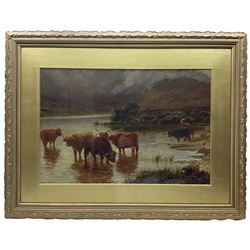 Scottish School (19th century): Highland Cows Watering at Loch, oil on canvas laid on board 43cm x 64cm