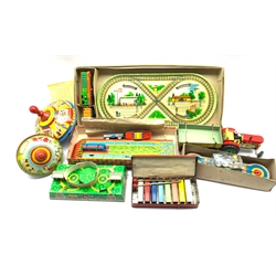 Toys including two Tri-ang spinning tops, 'The Sooty Junior Xylophone', Mah-Jongg set, Abtotpacca tinplate clockwork bus terminal, other tinplate toys etc