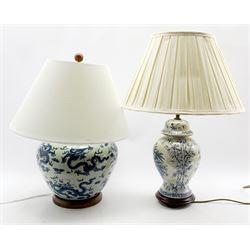 Ralph Lauren porcelain table lamp decorated in blue and white with Chinoiserie design, with shade, and a similar style oriental table lamp with shade (2)