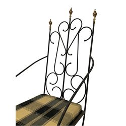 Pair Gothic design wrought metal throne chairs, high back with gilt finials and scrolling design, on curved X-frame base with gilt rosette, upholstered drop-in seat