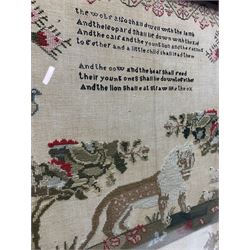 Large 19th century needlework Sampler with animals, birds, verse within a floral border by Martha Sharp, worked in 1846, 67cm square in oak frame 