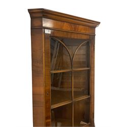 Georgian design mahogany corner display cabinet, moulded cornice over plain frieze, the upper section enclosed by astragal glazed door, panelled cupboard below with applied mouldings, on ogee bracket feet