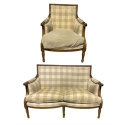Mahogany framed two seater sofa, upholstered in cream chequered fabric, together with a chair of similar design  