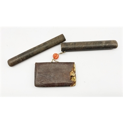 19th century Japanese  snakes-skin tobacco pouch (tabako-ire) with bronze mae-kanagu in the form of a cockerel, lobed hardstone ojime bead and textured lacquer pipe case (Kiseruzutsu) L21.5cm 