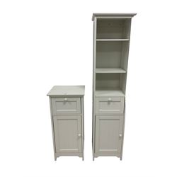 White finish bookcase cabinet, fitted with two adjustable shelves over single drawer and cupboard, with matching side cabinet