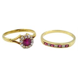 Gold channel set seven stone diamond and ruby ring and a gold pink stone and diamond cluster ring, both hallmarked 18ct