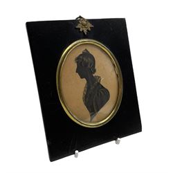 19th century side profile Silhouette of a lady inscribed on the reverse ' Mrs Broughton taken from a Miniature Oct 17th 1833, Uttoxeter, G Napier' 9cm x 7cm