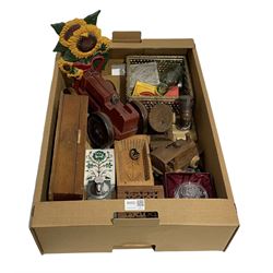 Carved soapstone box and cover, cast iron doorstop, Children's pull along tractor, jelly mould, Gleneagles table lighter and barometer set and miscellanea in one box