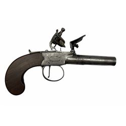 Flintlock pocket pistol by Jones of London with screw off barrel and slide safety, engraved with the makers name within an oval cartouche surrounded by flags and with slab sided walnut grip overall length 17cm