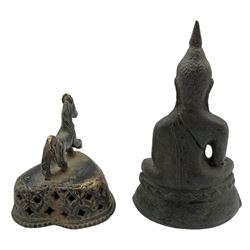 South Asia Indus Valley bell with a horse shape handle above a heart shape base H8cm and a bronze seated Buddha H13cm (2)
