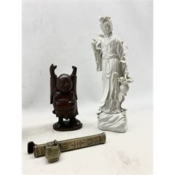 Islamic bronze scribe box with inkwell and pen/quill store, L22cm, Chinese blanc de chine figure of Guanyin, carved Buddha together with a Chinese bronze gu form vase (4)