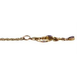 Edwardian gold amethyst and split pearl pendant, stamped 9ct, on later 9ct gold necklace