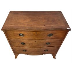 George III mahogany serpentine chest, the top crossbanded with satinwood and ebony chequered stringing, fitted with three graduating drawers with brass plates and drop handles, shaped apron to base, raised on bracket feet