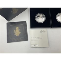 Two The Royal Mint United Kingdom 2017 'The Queen's Beasts' fine silver proof one ounce coins, comprising 'The Lion of England' and 'The Unicorn of Scotland', both cased with certificates (2)