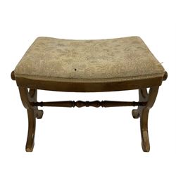 Regency design stool; small carved hardwood stool with spiral turned supports, mahogany footstool with tapestry top amd compressed bun feet (3)