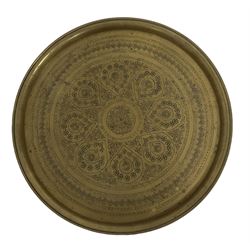 Early 20th century Benares table, circular brass top on hardwood folding base